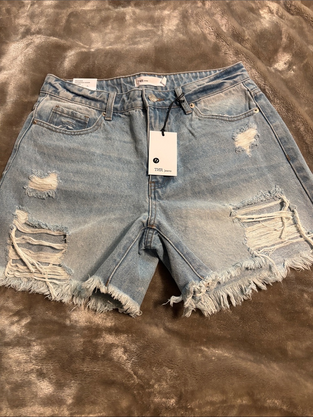 TNT High Rise Distressed Denim Shorts